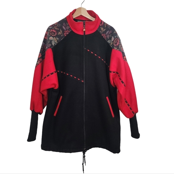 Vintage Wool Blend Women's Russell Scott Black & Red Floral zip up Jacket - Picture 2 of 13